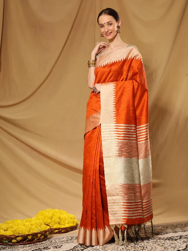 Cozy Fit Wear Women's Orange Temple Border Banglori Raw Silk Saree With Blouse (Saree Blouse Without stitch) - Aastha Fashion Cozy Fit Wear Women's Orange Temple Border Banglori Raw Silk Saree With Blouse (Saree Blouse Without stitch) - Aastha Fashion