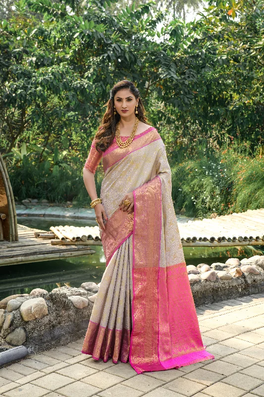 Comfortable Looks Women's Grey Woven Kanchipuram Silk Saree With Blouse (Saree Blouse Without stitch) - Aastha Fashion Comfortable Looks Women's Grey Woven Kanchipuram Silk Saree With Blouse (Saree Blouse Without stitch) - Aastha Fashion