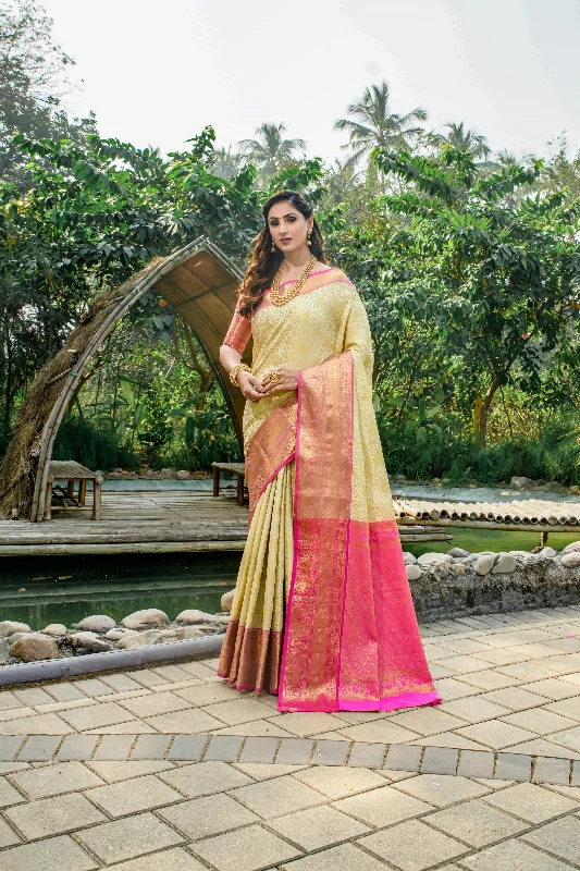 Comfort Fit Women's Beige Woven Kanchipuram Silk Saree With Blouse (Saree Blouse Without stitch) - Aastha Fashion Comfort Fit Women's Beige Woven Kanchipuram Silk Saree With Blouse (Saree Blouse Without stitch) - Aastha Fashion