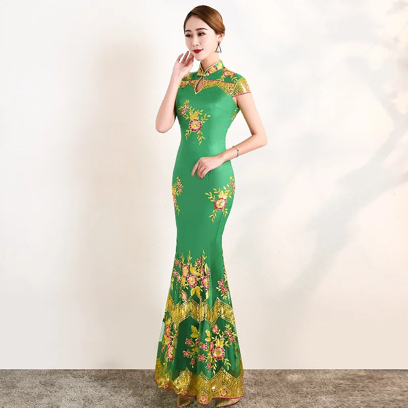 Everyday Style Floral Embroidery Lace Full Length Mermaid Cheongsam Evening Dress