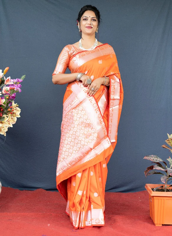 Warm Wear Women's Orange Woven Soft Banarasi Silk Saree With Blouse (Saree Blouse Without stitch) - Aastha Fashion Warm Wear Women's Orange Woven Soft Banarasi Silk Saree With Blouse (Saree Blouse Without stitch) - Aastha Fashion