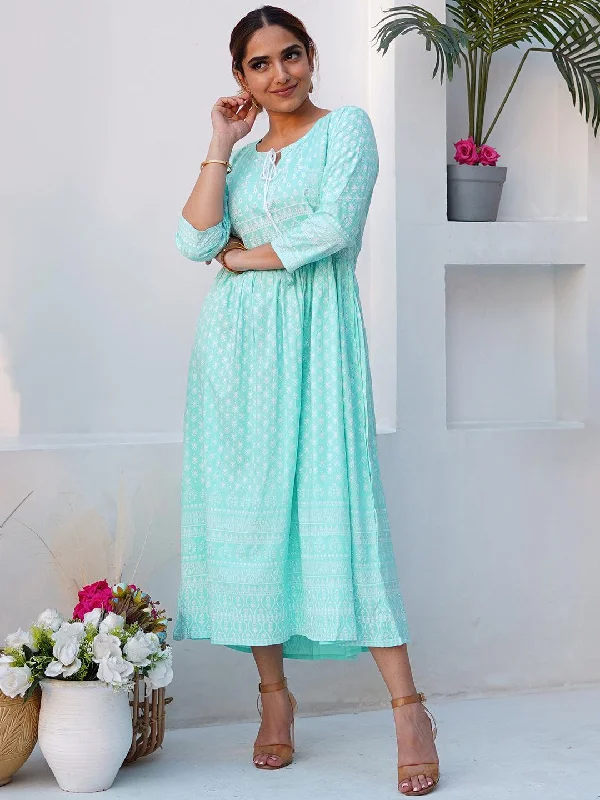 Comfortable Jeans Blue Printed Cotton Fit and Flare Dress