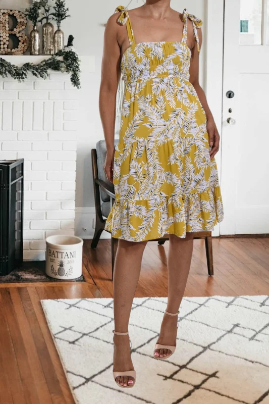 Light Comfort Mustard Floral Tie Shoulder Dress