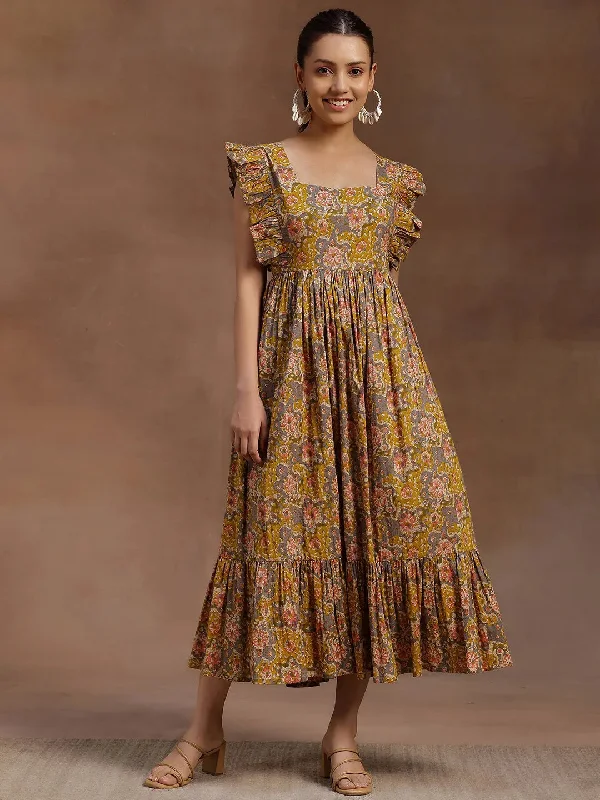 Sporty Wear Mustard Printed Cotton Fit and Flare Dress