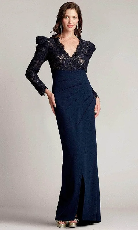 Breathable Comfort Tadashi Shoji - Puffed Sleeve Evening Gown BTF21173LX - 1 pc Navy/Nude In Size 16 Available Breathable Comfort Tadashi Shoji - Puffed Sleeve Evening Gown BTF21173LX - 1 pc Navy/Nude In Size 16 Available