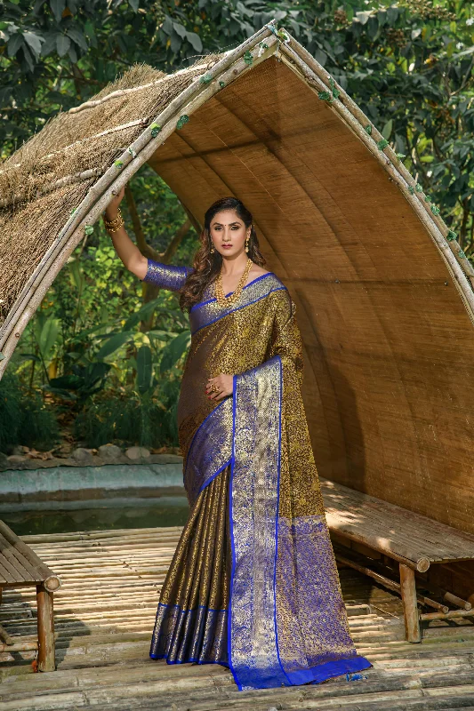 Chic Outfits Women's Mehendi Woven Kanchipuram Silk Saree With Blouse  (Saree Blouse Without stitch) - Aastha Fashion