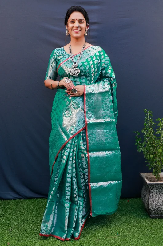 Comfortable Jackets Women's Teal Woven Kanchipuram Silk Saree With Blouse (Saree Blouse Without stitch) - Aastha Fashion Comfortable Jackets Women's Teal Woven Kanchipuram Silk Saree With Blouse (Saree Blouse Without stitch) - Aastha Fashion