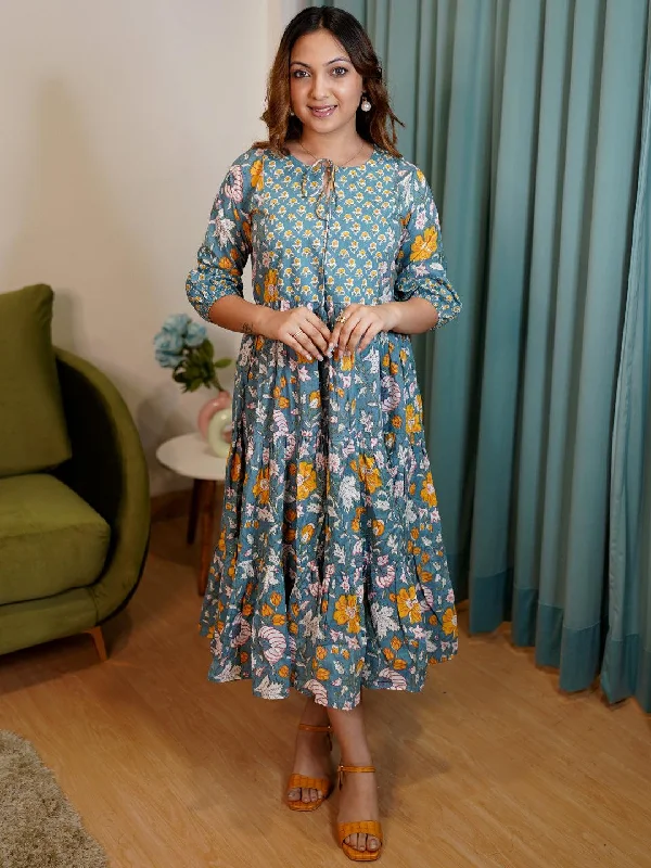 Comfortable Looks Blue Printed Cotton Fit and Flare Dress