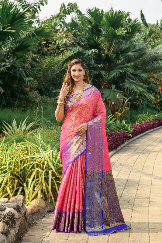 Relaxed Dresses Women's Pink Woven Kanchipuram Silk Saree With Blouse (Saree Blouse Without stitch) - Aastha Fashion Relaxed Dresses Women's Pink Woven Kanchipuram Silk Saree With Blouse (Saree Blouse Without stitch) - Aastha Fashion