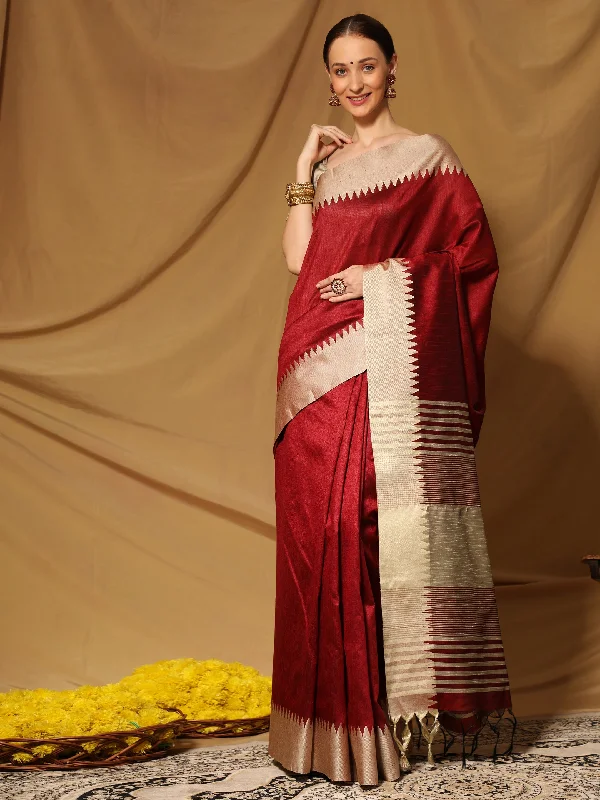 Modern Chic Women's Maroon Temple Border Banglori Raw Silk Saree With Blouse (Saree Blouse Without stitch) - Aastha Fashion Modern Chic Women's Maroon Temple Border Banglori Raw Silk Saree With Blouse (Saree Blouse Without stitch) - Aastha Fashion