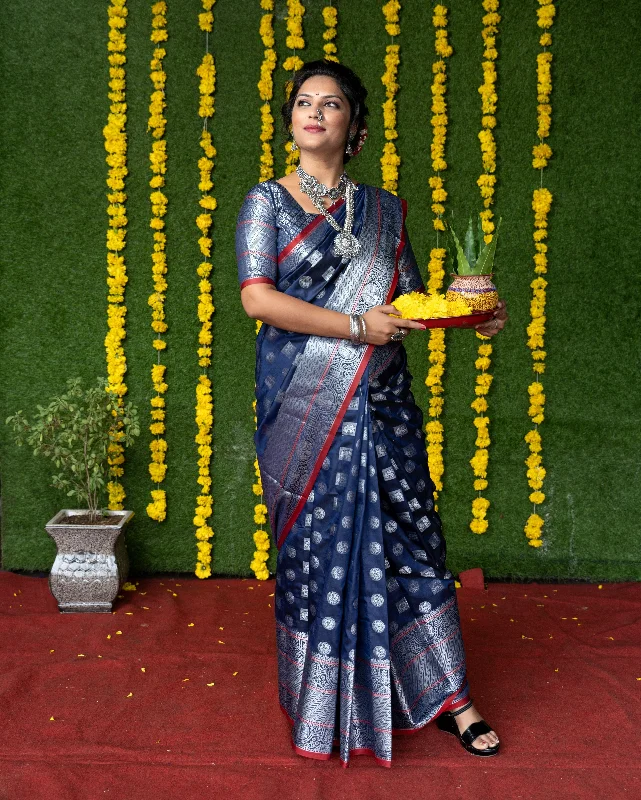 Breathable Style Women's Navy Blue Woven Soft Handloom Silk Saree With Blouse (Saree Blouse Without stitch) - Aastha Fashion Breathable Style Women's Navy Blue Woven Soft Handloom Silk Saree With Blouse (Saree Blouse Without stitch) - Aastha Fashion