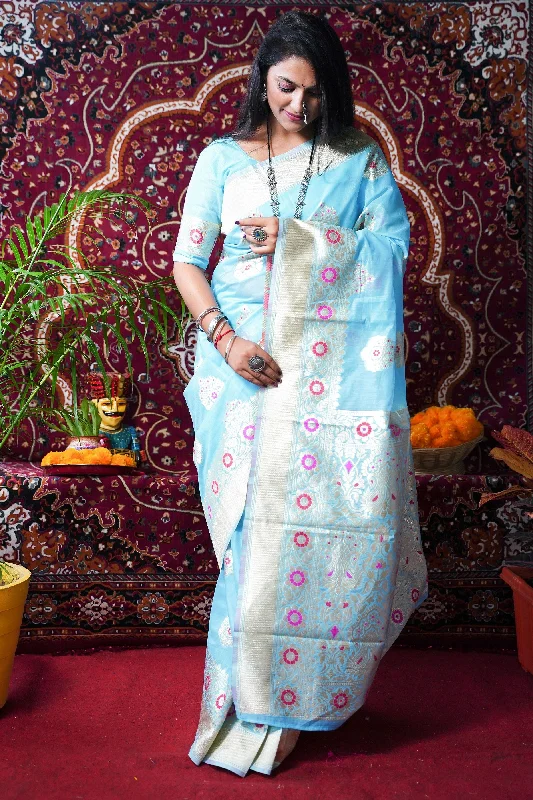 Casual Chic Wear Women's Firozi Woven Soft Linen Silk Saree With Blouse (Saree Blouse Without stitch) - Aastha Fashion Casual Chic Wear Women's Firozi Woven Soft Linen Silk Saree With Blouse (Saree Blouse Without stitch) - Aastha Fashion