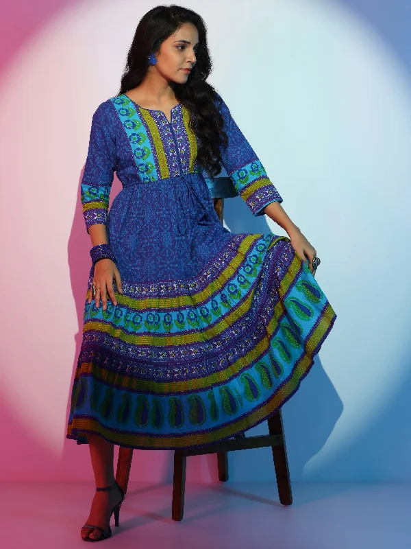 Lounge Chic Blue Printed Cotton Fit and Flare Dress