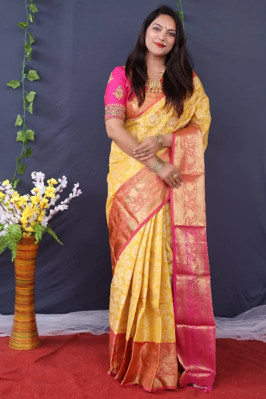 Comfy Chic Wear Women's Yellow Woven Tissue Silk Saree With Blouse  (Saree Blouse Without stitch) - Aastha Fashion