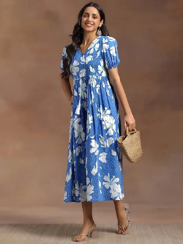 Easygoing Fashion Blue Printed Cotton Fit and Flare Dress