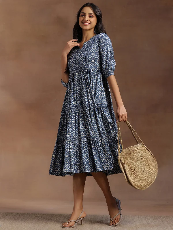 Light Fit Blue Printed Cotton A-Line Dress