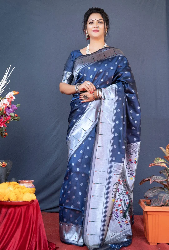 Chic Comfort Women's Navy Blue Woven Soft Paithani Silk Saree With Blouse (Saree Blouse Without stitch) - Aastha Fashion Chic Comfort Women's Navy Blue Woven Soft Paithani Silk Saree With Blouse (Saree Blouse Without stitch) - Aastha Fashion