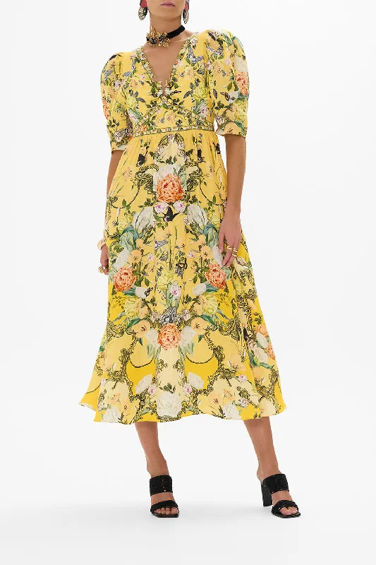 Effortless Outfits PUFF SLEEVE LONG DRESS WITH HARDWARE PATHS OF GOLD
