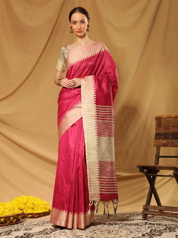Soft Style Women's Rani Pink Temple Border Banglori Raw Silk Saree With Blouse (Saree Blouse Without stitch) - Aastha Fashion Soft Style Women's Rani Pink Temple Border Banglori Raw Silk Saree With Blouse (Saree Blouse Without stitch) - Aastha Fashion