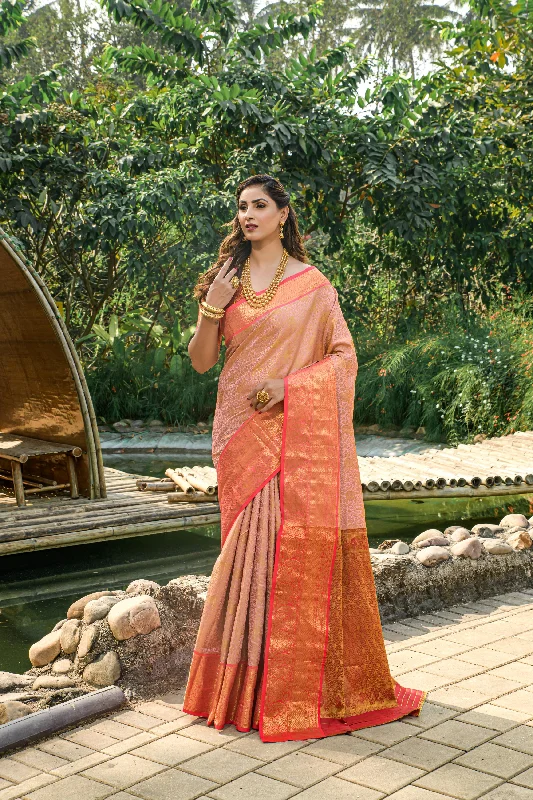 Smart Casuals Women's Peach Woven Kanchipuram Silk Saree With Blouse (Saree Blouse Without stitch) - Aastha Fashion Smart Casuals Women's Peach Woven Kanchipuram Silk Saree With Blouse (Saree Blouse Without stitch) - Aastha Fashion