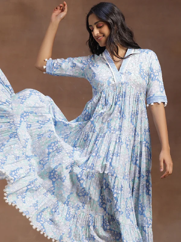 Versatile Outfits Blue Printed Cotton A-Line Dress