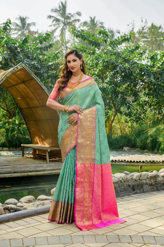 Stylish Wear Women's Sea Green Woven Kanchipuram Silk Saree With Blouse (Saree Blouse Without stitch) - Aastha Fashion Stylish Wear Women's Sea Green Woven Kanchipuram Silk Saree With Blouse (Saree Blouse Without stitch) - Aastha Fashion