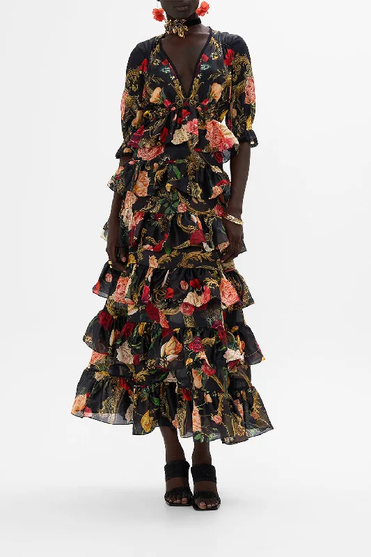 Comfortable Sweaters PUFF SLEEVE TIERED SKIRT LONG DRESS MAGIC IN THE MANUSCRIPTS