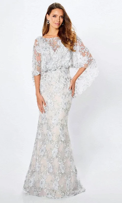 Comfortable Looks Montage by Mon Cheri - Cape Sleeve Lace Formal Dress 221962 - 1 pc Silver/Nude In Size 22W Available Comfortable Looks Montage by Mon Cheri - Cape Sleeve Lace Formal Dress 221962 - 1 pc Silver/Nude In Size 22W Available