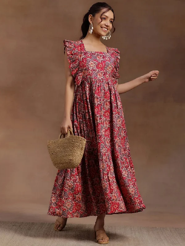 Basic Comfort Pink Printed Cotton Fit and Flare Dress
