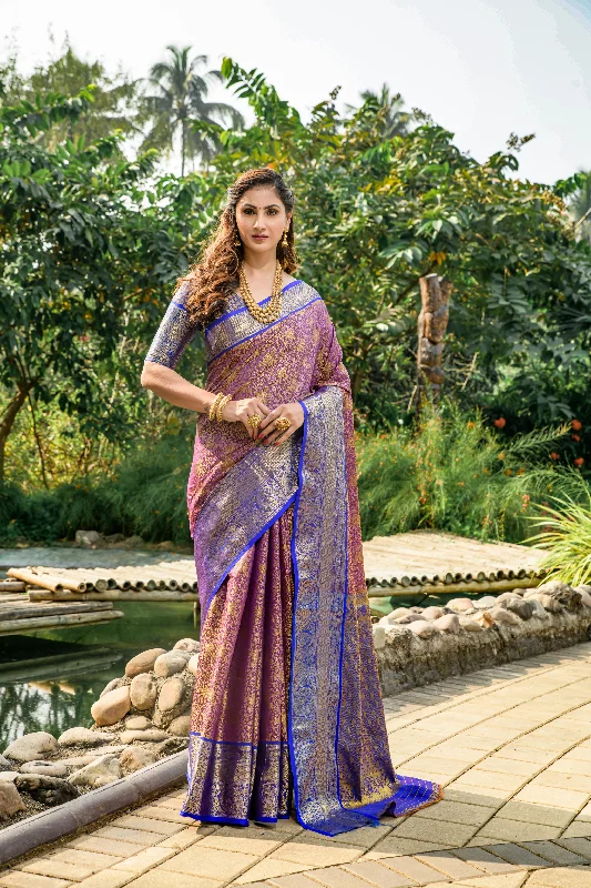 Effortless Wear Women's Purple Woven Kanchipuram Silk Saree With Blouse  (Saree Blouse Without stitch) - Aastha Fashion