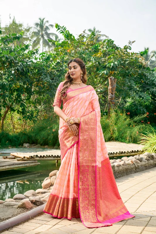 Comfy Chic Women's Peach Woven Kanchipuram Silk Saree With Blouse (Saree Blouse Without stitch) - Aastha Fashion Comfy Chic Women's Peach Woven Kanchipuram Silk Saree With Blouse (Saree Blouse Without stitch) - Aastha Fashion