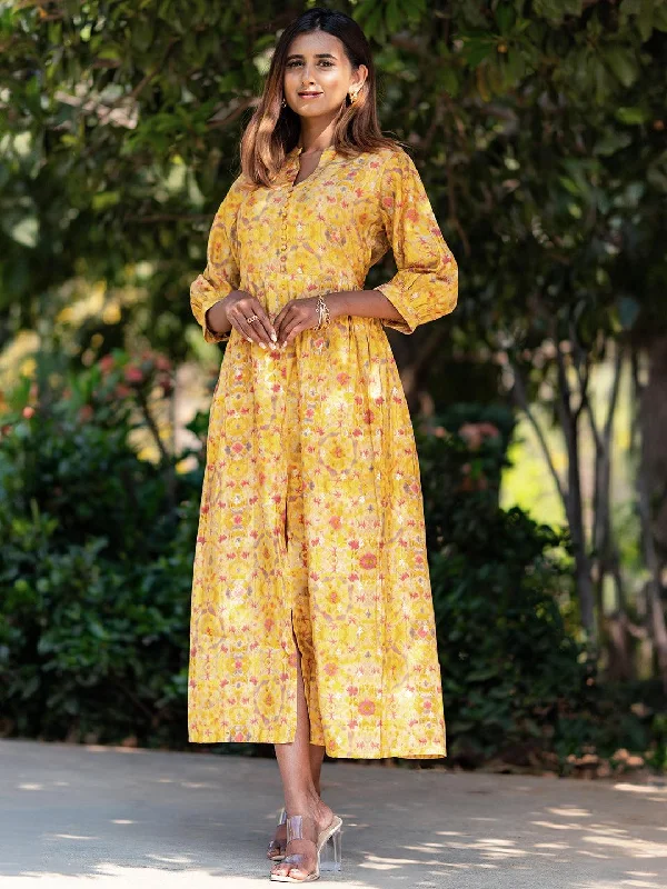 Comfortable Fashion Looks Yellow Printed Silk Fit and Flare Dress