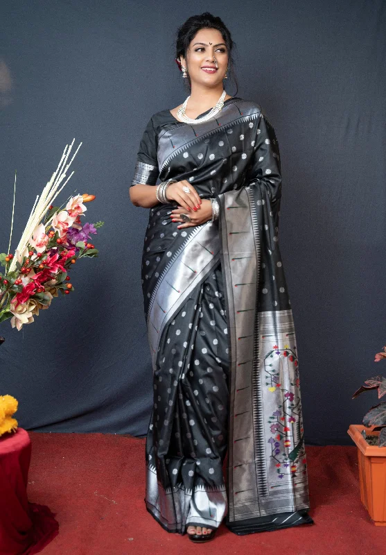 Layered Comfort Women's Black Woven Soft Paithani Silk Saree With Blouse (Saree Blouse Without stitch) - Aastha Fashion Layered Comfort Women's Black Woven Soft Paithani Silk Saree With Blouse (Saree Blouse Without stitch) - Aastha Fashion