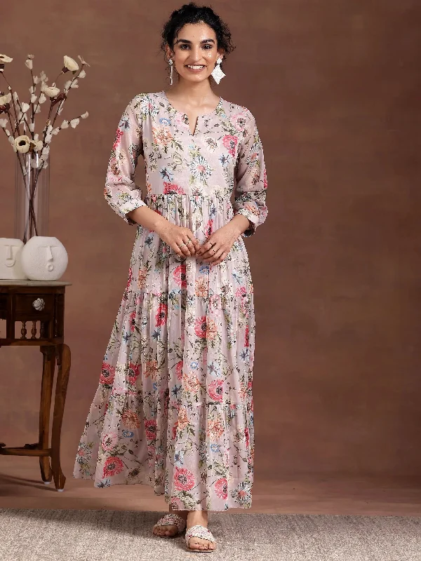 Effortless Wear Pink Printed Chiffon Fit and Flare Dress
