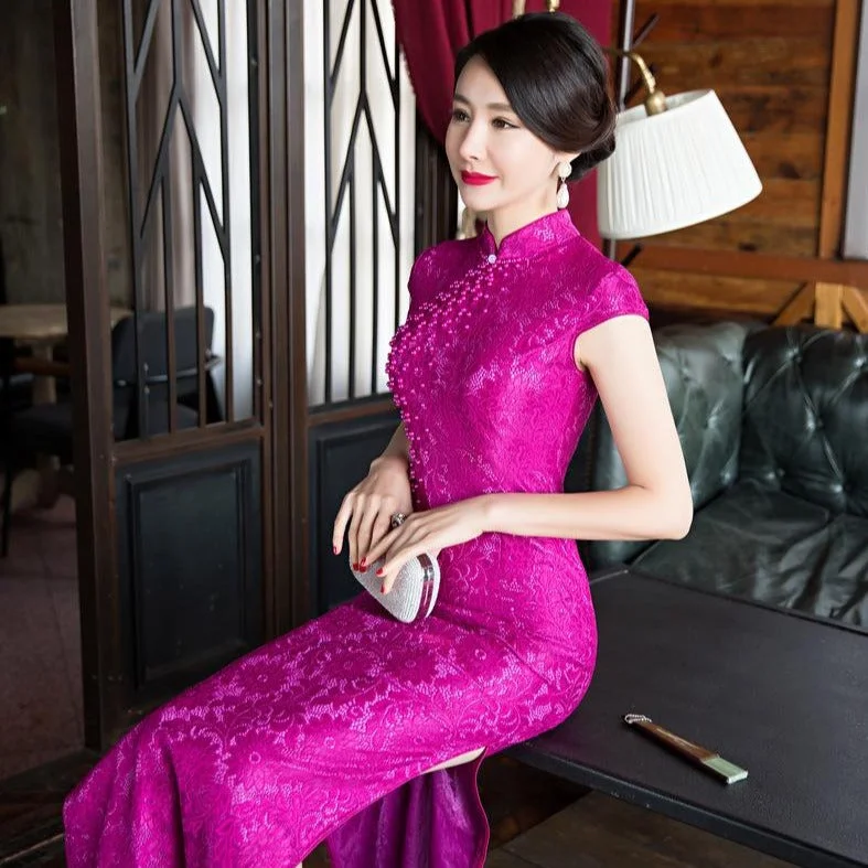 Breathable Style Cap Sleeve Full Length Cheongsam Floral Lace Chinese Dress