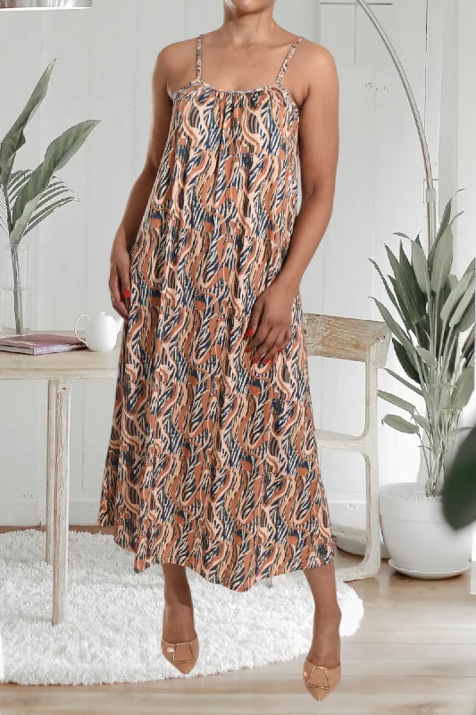 Comfy Dress Mustard Printed Strappy Maxi Dress