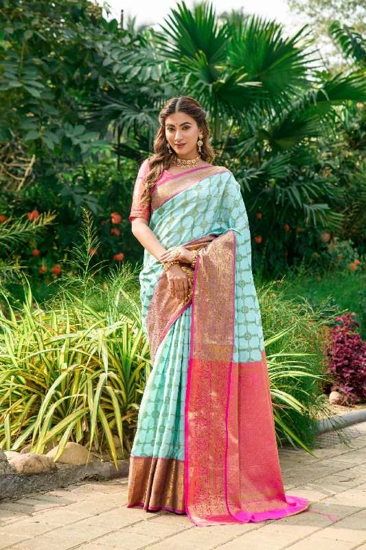 Basic Comfort Women's Firozi Woven Kanchipuram Silk Saree With Blouse (Saree Blouse Without stitch) - Aastha Fashion Basic Comfort Women's Firozi Woven Kanchipuram Silk Saree With Blouse (Saree Blouse Without stitch) - Aastha Fashion