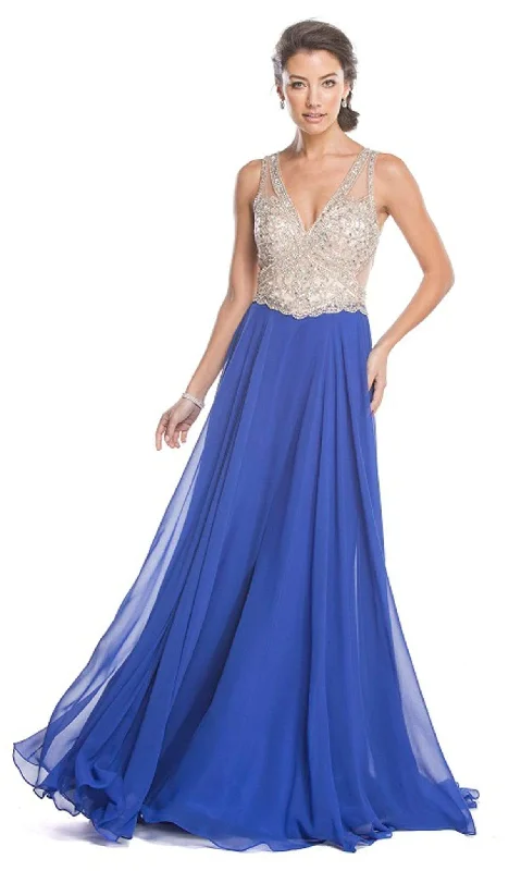 Comfortable Dresses Aspeed Design - Jeweled Plunging V-neck Prom Dress