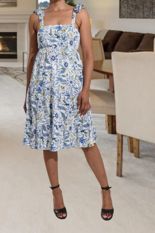 Easy Chic White And Blue Floral Tie Shoulder Dress