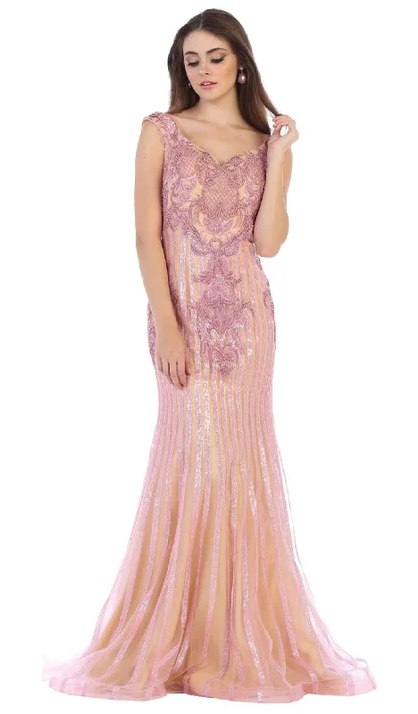 Comfortable Tops May Queen - RQ7640 Embellished Wide V-neck Trumpet Dress