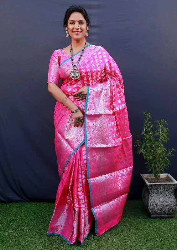 Effortless Dressing Women's Pink Woven Kanchipuram Silk Saree With Blouse (Saree Blouse Without stitch) - Aastha Fashion Effortless Dressing Women's Pink Woven Kanchipuram Silk Saree With Blouse (Saree Blouse Without stitch) - Aastha Fashion