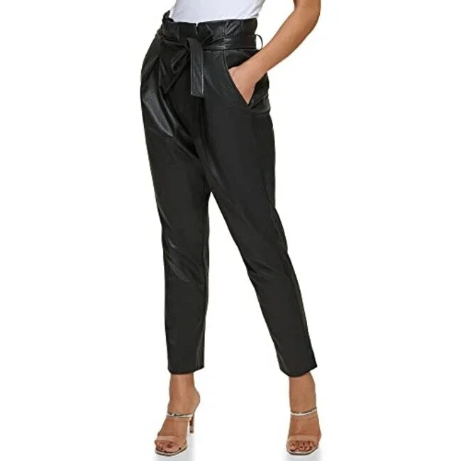 Cozy Sweaters Dkny Women's Faux Leather High Rise Tie Waist Ankle Pants Black Size 16