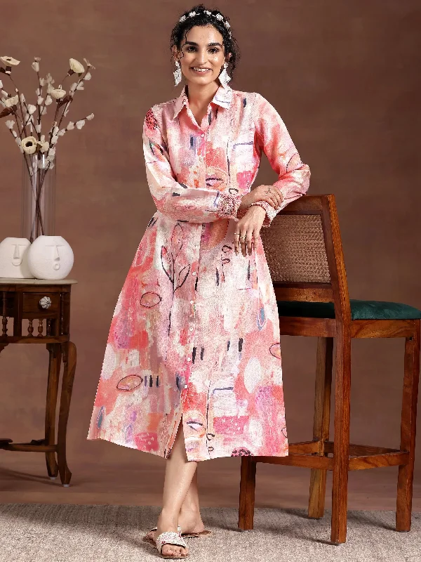 Cozy Outerwear Peach Printed Linen A-Line Dress