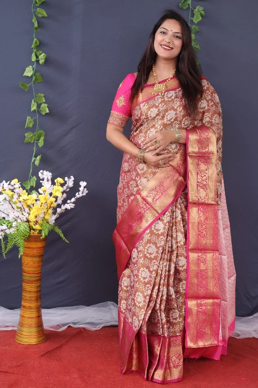 Soft Textures Women's Brown Woven Tissue Silk Saree With Blouse (Saree Blouse Without stitch) - Aastha Fashion Soft Textures Women's Brown Woven Tissue Silk Saree With Blouse (Saree Blouse Without stitch) - Aastha Fashion