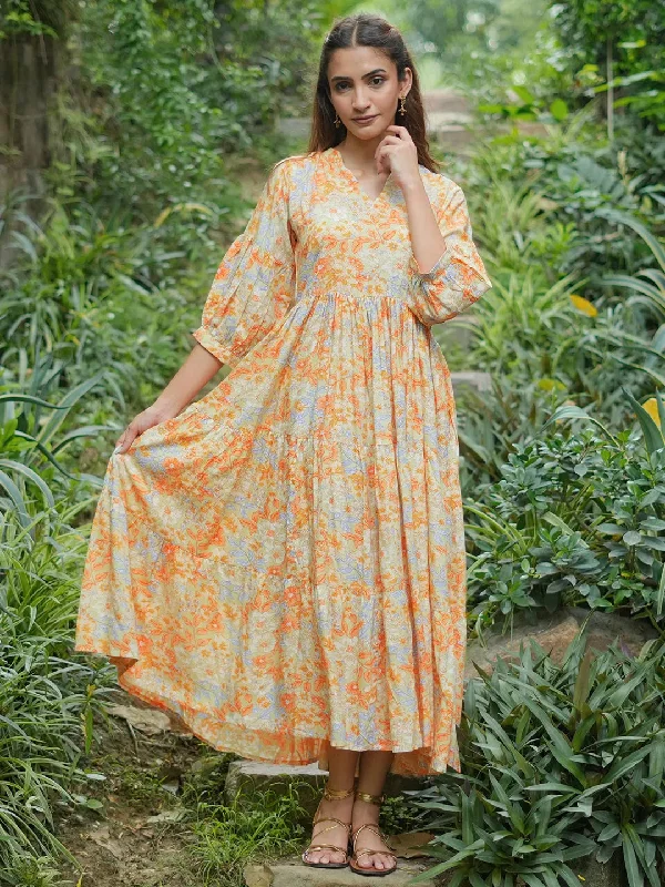 Stylish Ease Yellow Printed Rayon Fit and Flare Dress