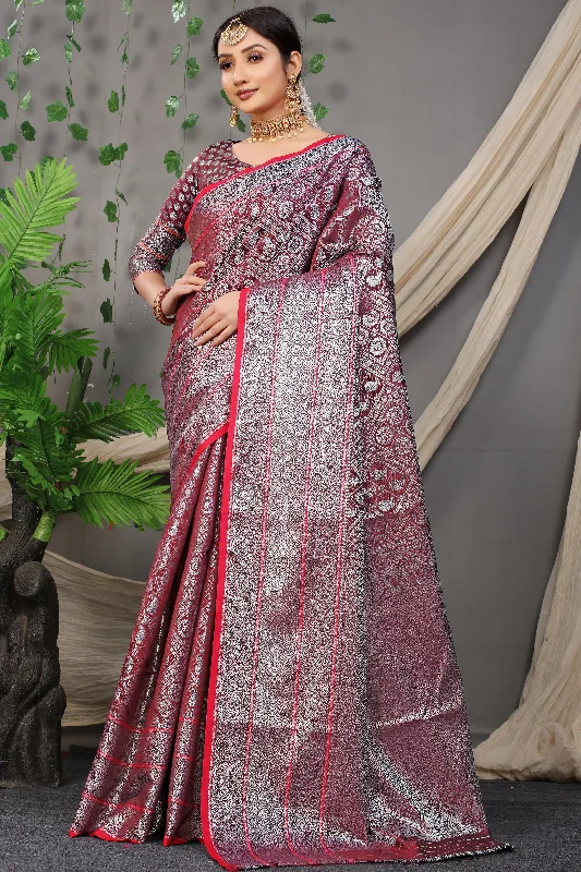 Comfortable Fashion Women's Maroon Woven Kanchipuram Silk Saree With Blouse (Saree Blouse Without stitch) - Aastha Fashion Comfortable Fashion Women's Maroon Woven Kanchipuram Silk Saree With Blouse (Saree Blouse Without stitch) - Aastha Fashion
