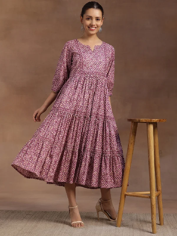 Easy-to-Wear Purple Printed Cotton A-Line Dress