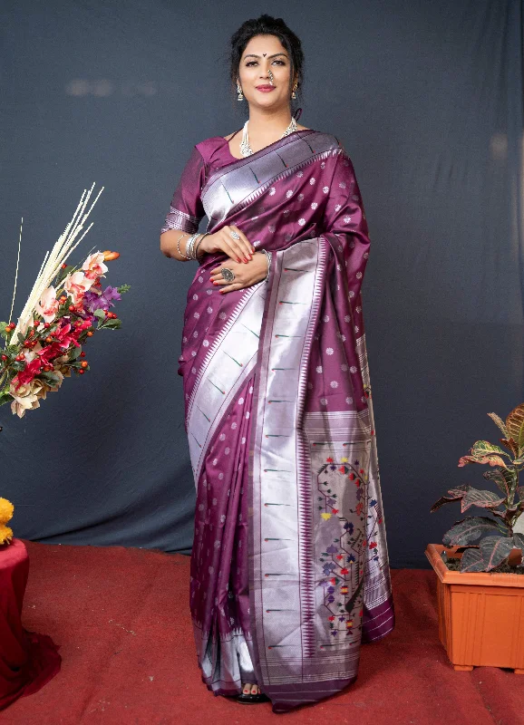 Cozy Layers Women's Wine Woven Soft Paithani Silk Saree With Blouse (Saree Blouse Without stitch) - Aastha Fashion Cozy Layers Women's Wine Woven Soft Paithani Silk Saree With Blouse (Saree Blouse Without stitch) - Aastha Fashion
