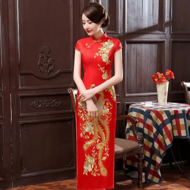 Casual Comfort Full Length Cap Sleeve Cheongsam Evening Dress with Phoenix Embroidery
