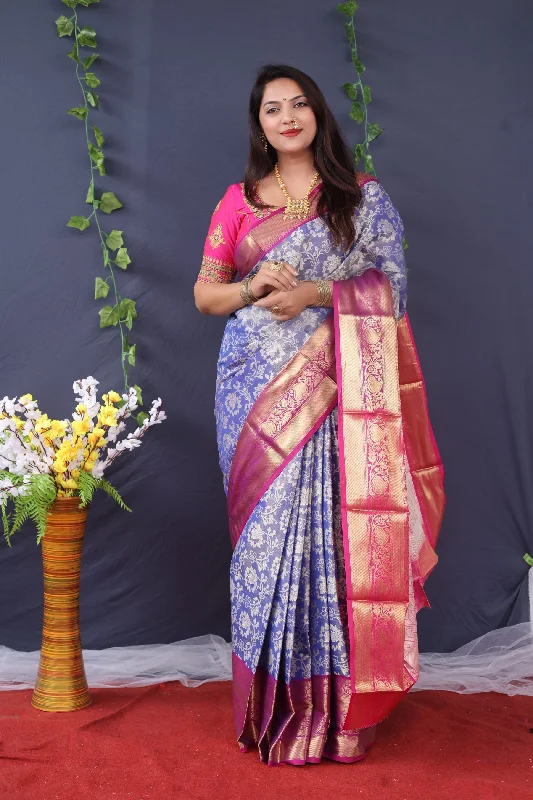 Sporty Wear Women's Blue Woven Tissue Silk Saree With Blouse  (Saree Blouse Without stitch) - Aastha Fashion